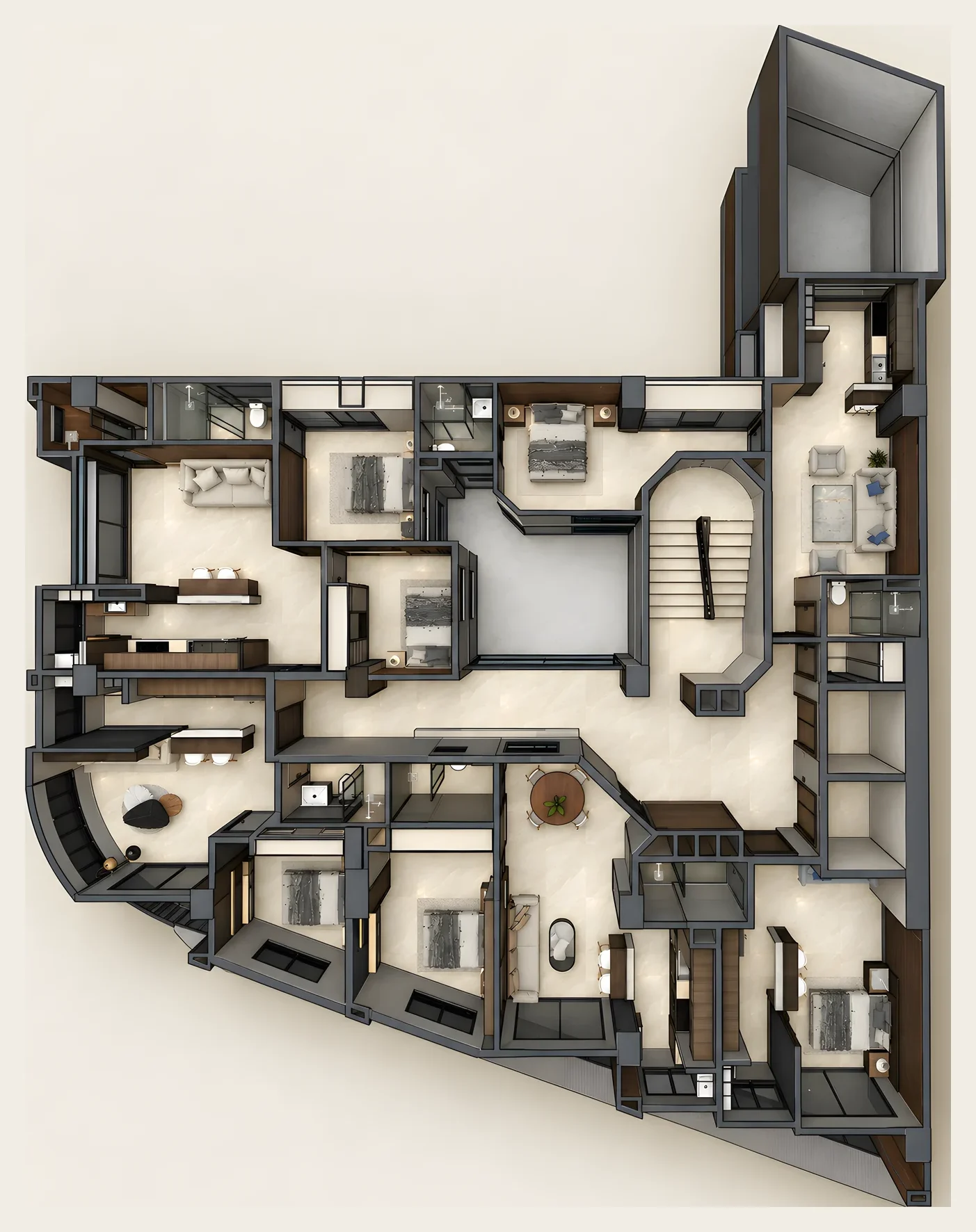 Planta tipo de AKWABA vista desde arriba, con sus 5 apartamentos